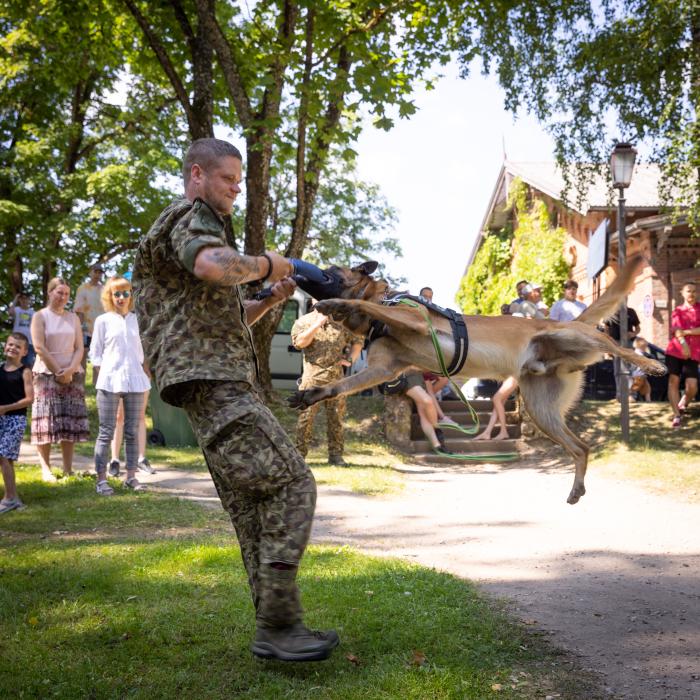 Sarunu festivālā kinologs rāda paraugdemonstrējumus ar suni