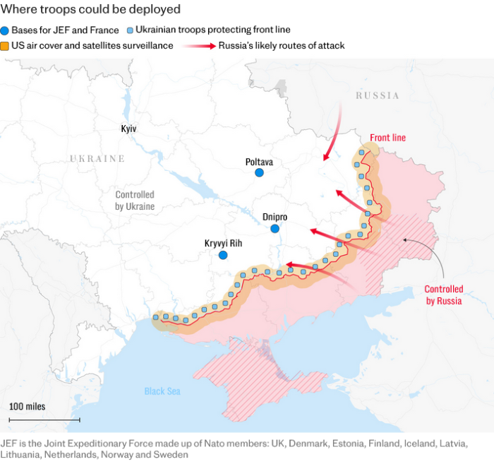 Iespējamās JEF dalībvalstu un Francijas bāžu atrašānās vietas Ukrainā.