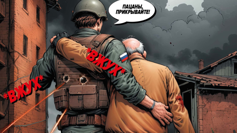 Komikss, kurā attēlots, ka krievu karavīrs it kā palīdz civiliedzīvotājam